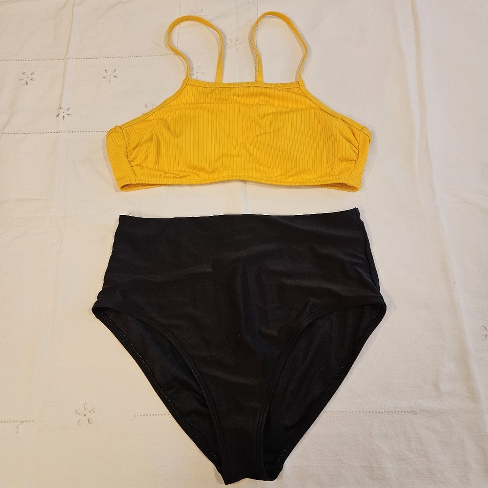 Yellow Ribbed Bikini Top and Black High-Waisted Bottoms